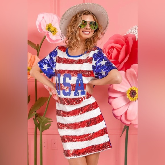 BiBi American Flag Theme Usa Print Sequin Dress - Picture 1 of 10